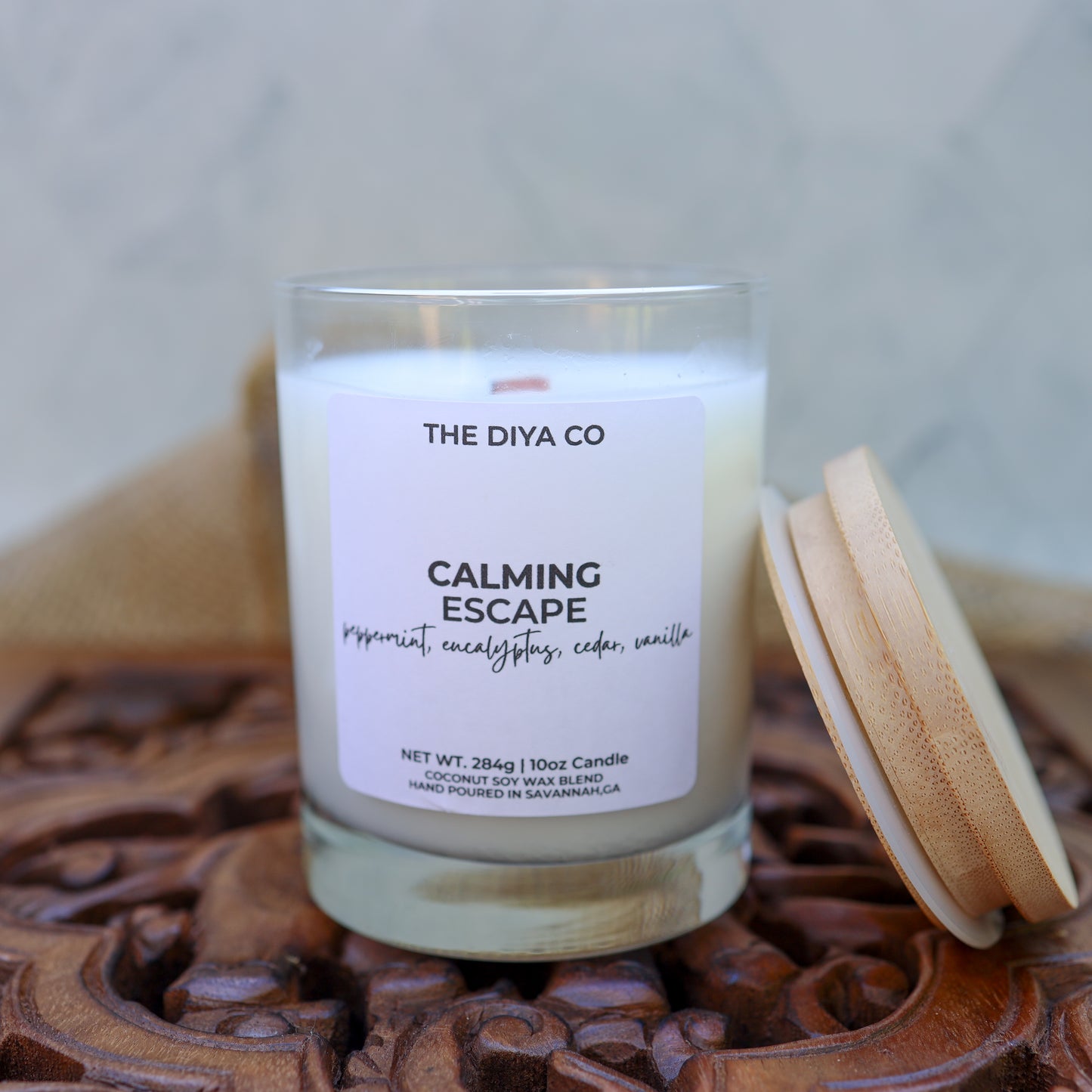 10 oz Calming Escape Aura Rock Glass Candle with Bamboo Lid