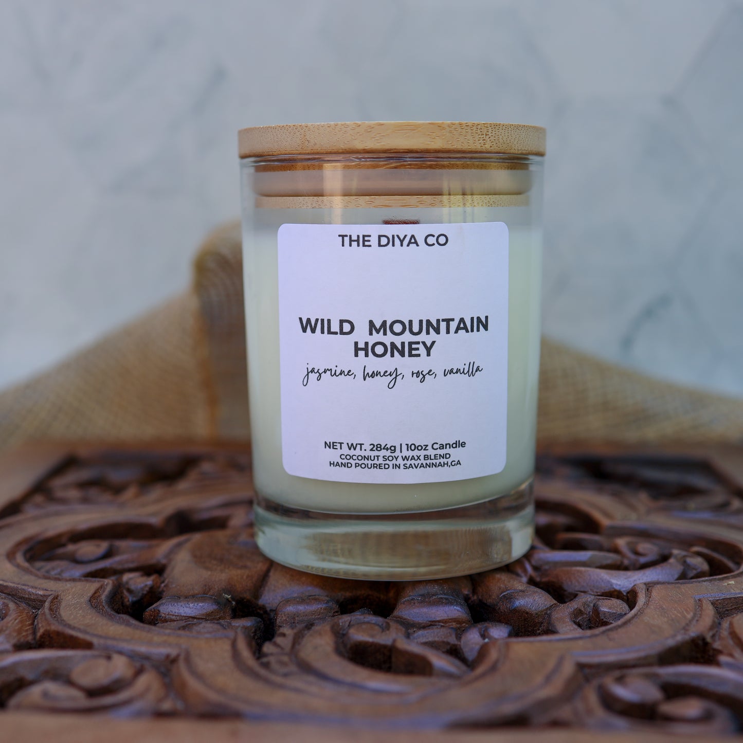 10 oz Wild Mountain Honey Rock Glass Candle with Bamboo Lid