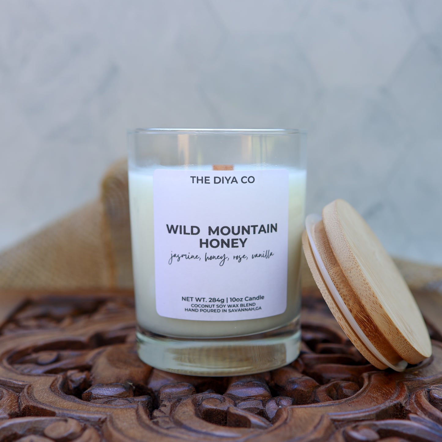 10 oz Wild Mountain Honey Rock Glass Candle with Bamboo Lid