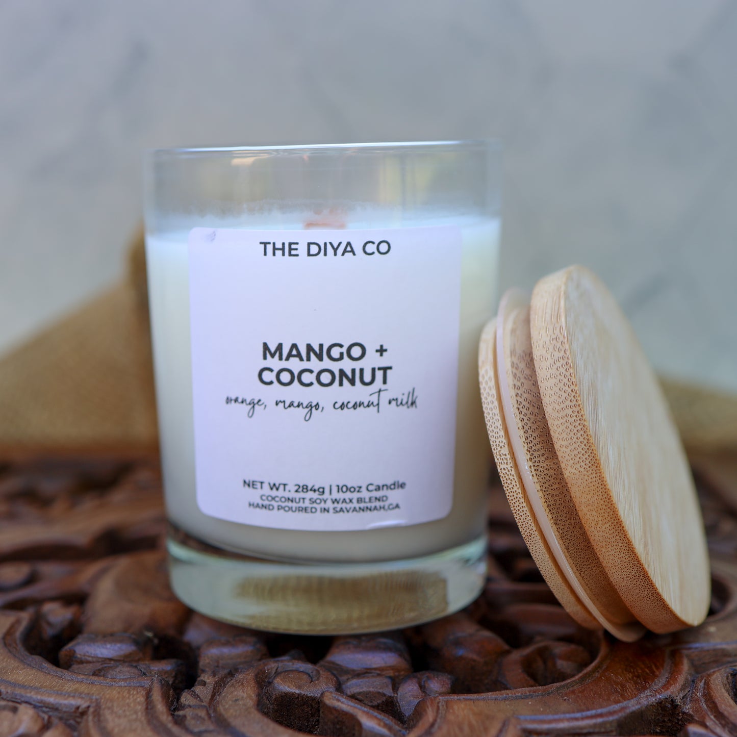 10 oz Mango and Coconut Rock Glass Candle with Bamboo Lid
