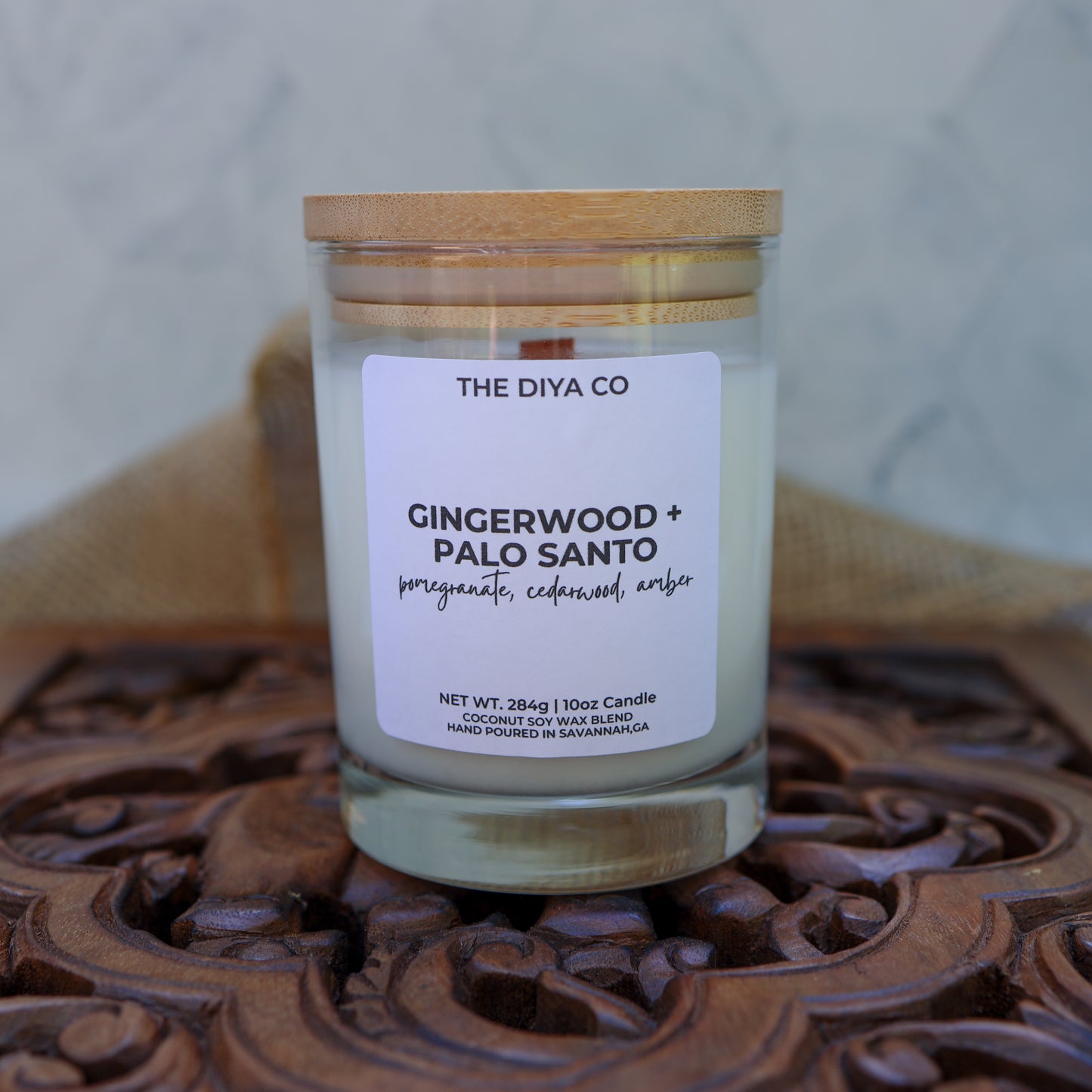 10 oz Gingerwood Palo Santo Rock Glass Candle with Bamboo Lid
