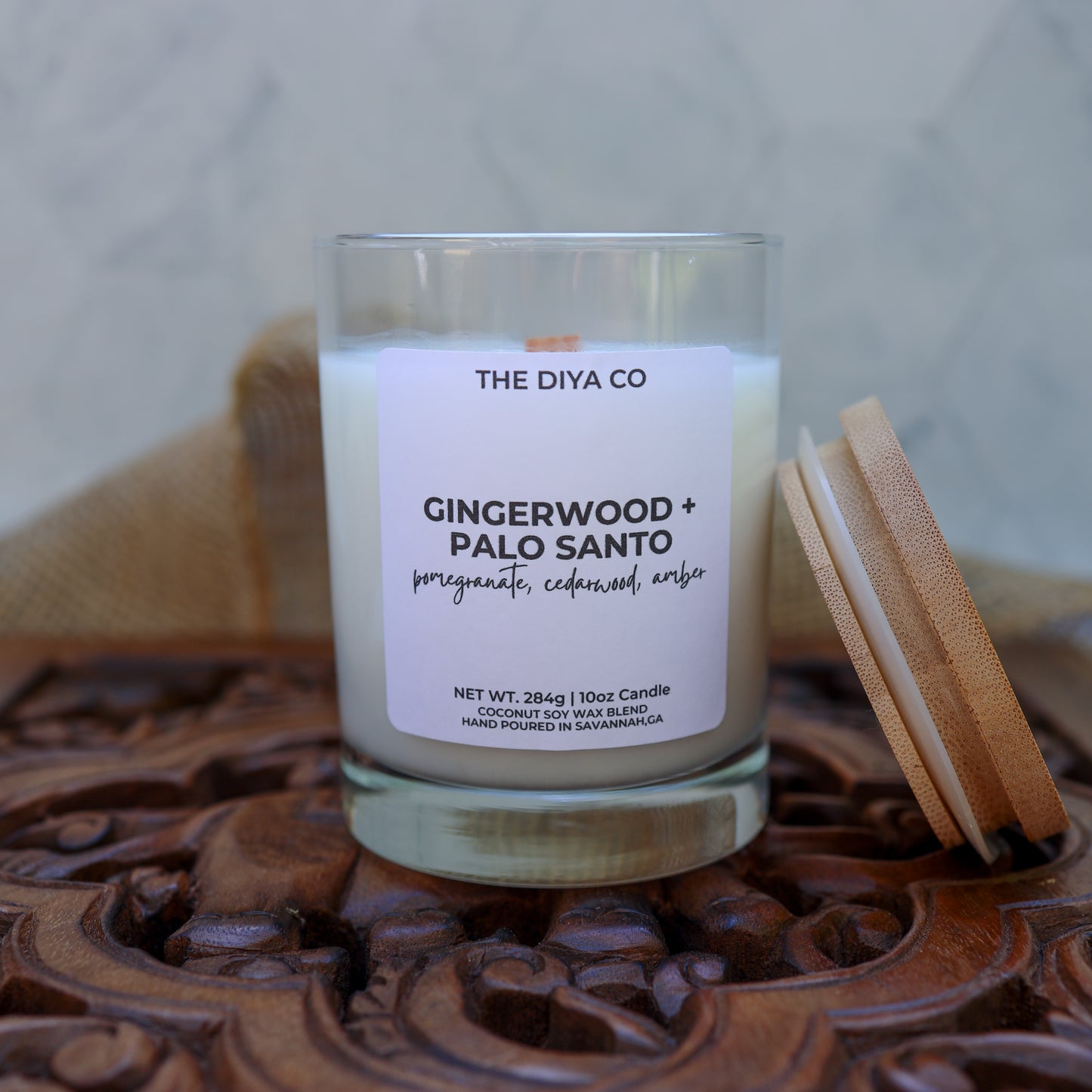 10 oz Gingerwood Palo Santo Rock Glass Candle with Bamboo Lid