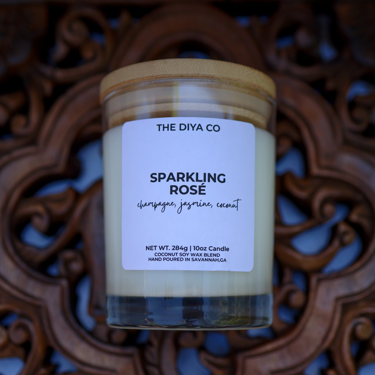 10 oz Sparkling Rose Rock Glass Candle with Bamboo Lid