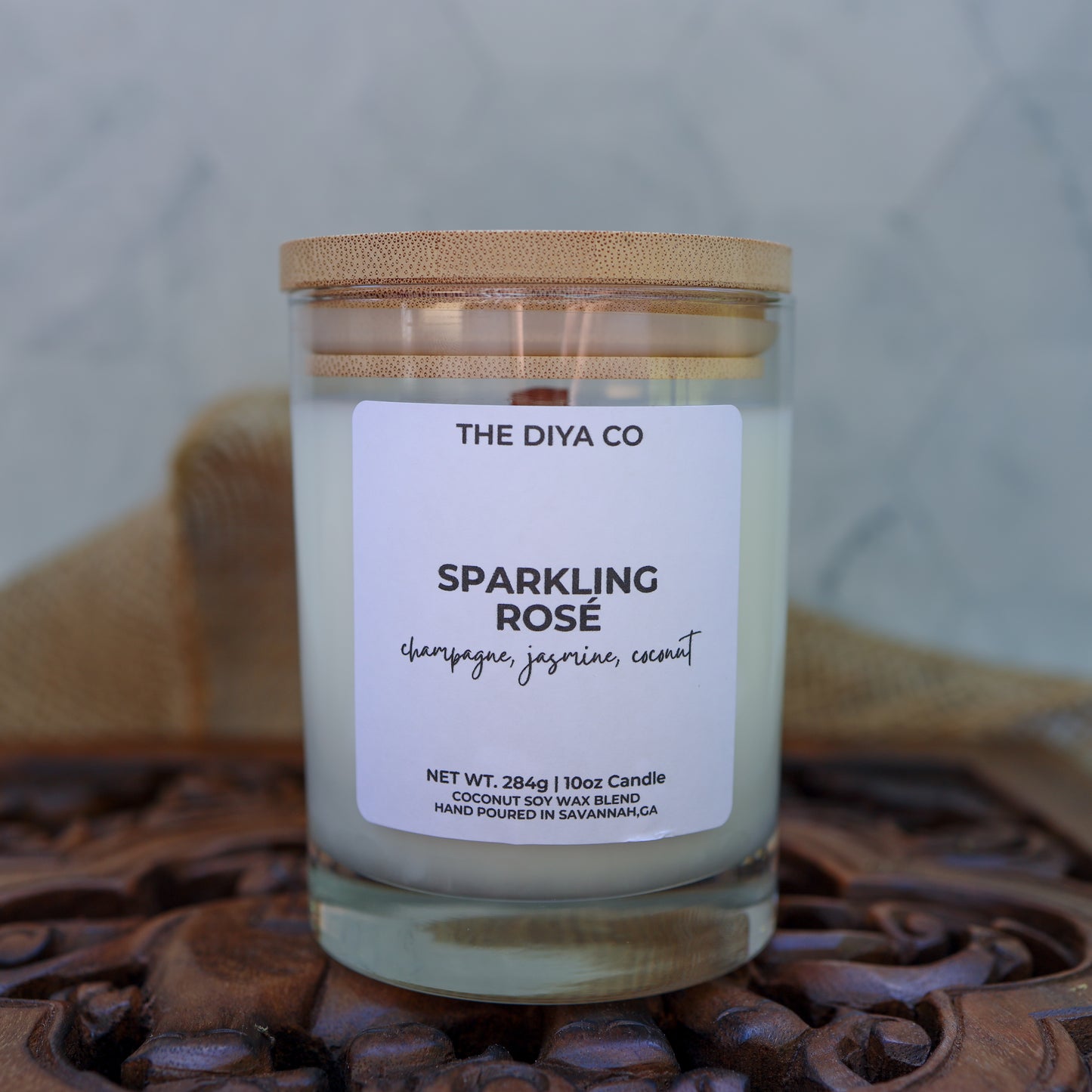 10 oz Sparkling Rose Rock Glass Candle with Bamboo Lid