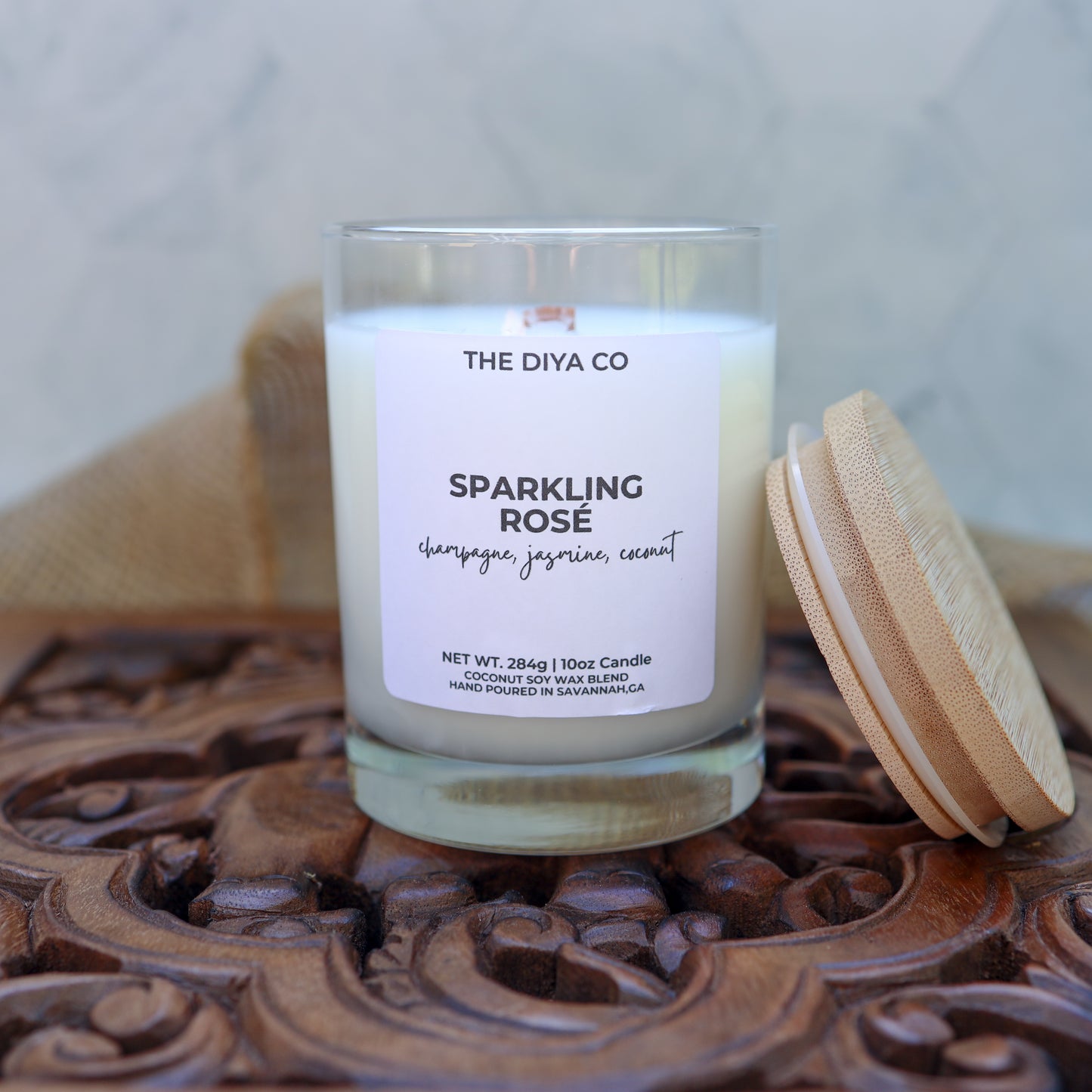 10 oz Sparkling Rose Rock Glass Candle with Bamboo Lid