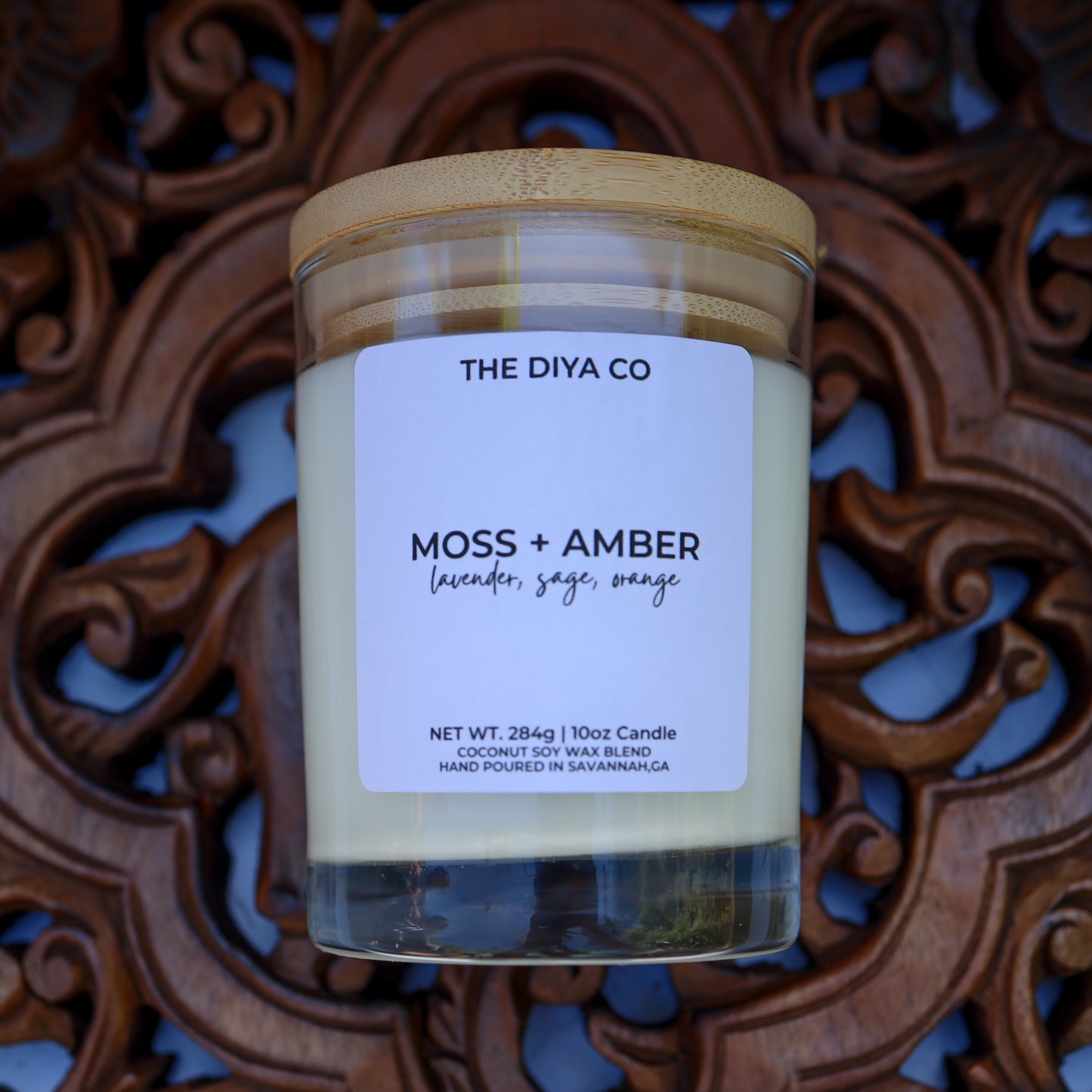 10 oz Moss & Amber Rock Glass Candle with Bamboo Lid