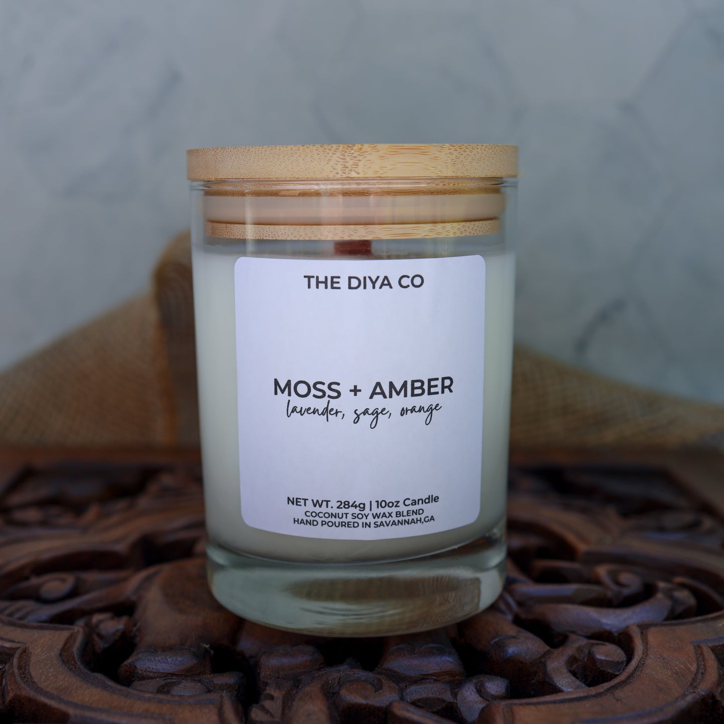 10 oz Moss & Amber Rock Glass Candle with Bamboo Lid