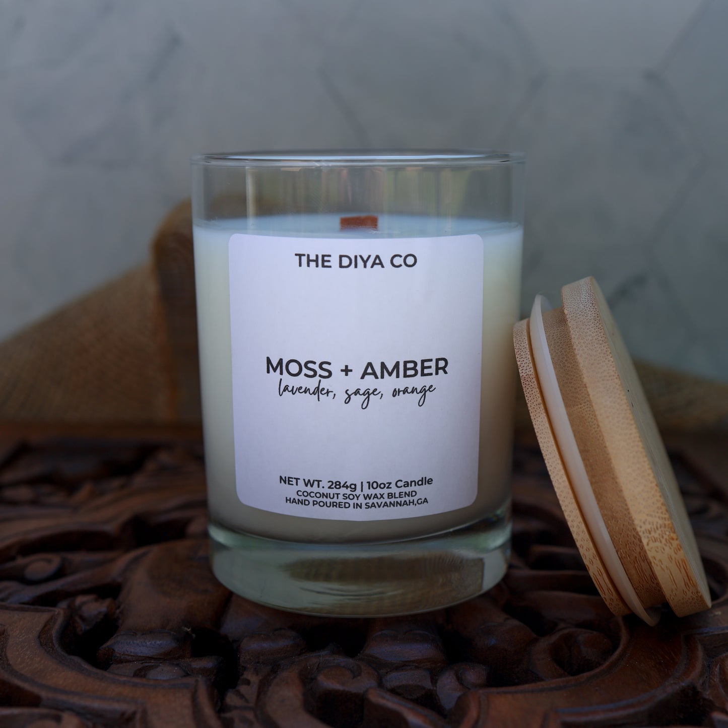 10 oz Moss & Amber Rock Glass Candle with Bamboo Lid