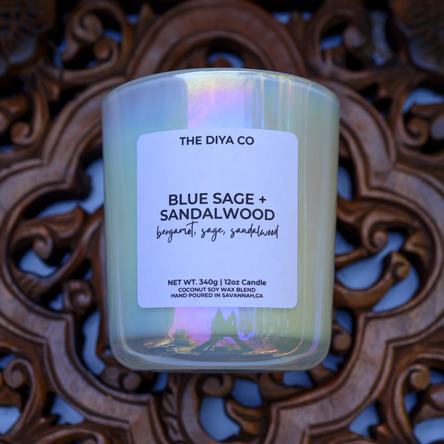 12 oz Blue Sage and Sandalwood | Iridescent Coconut Soy Candle
