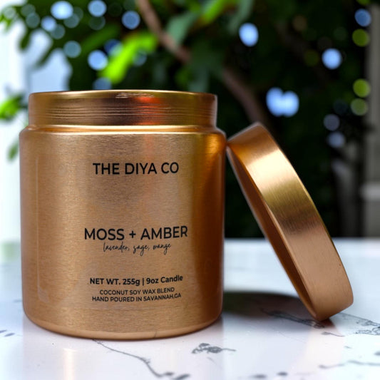9oz Moss + Amber Wood Wick Candle | Coconut Soy | Glam Tin
