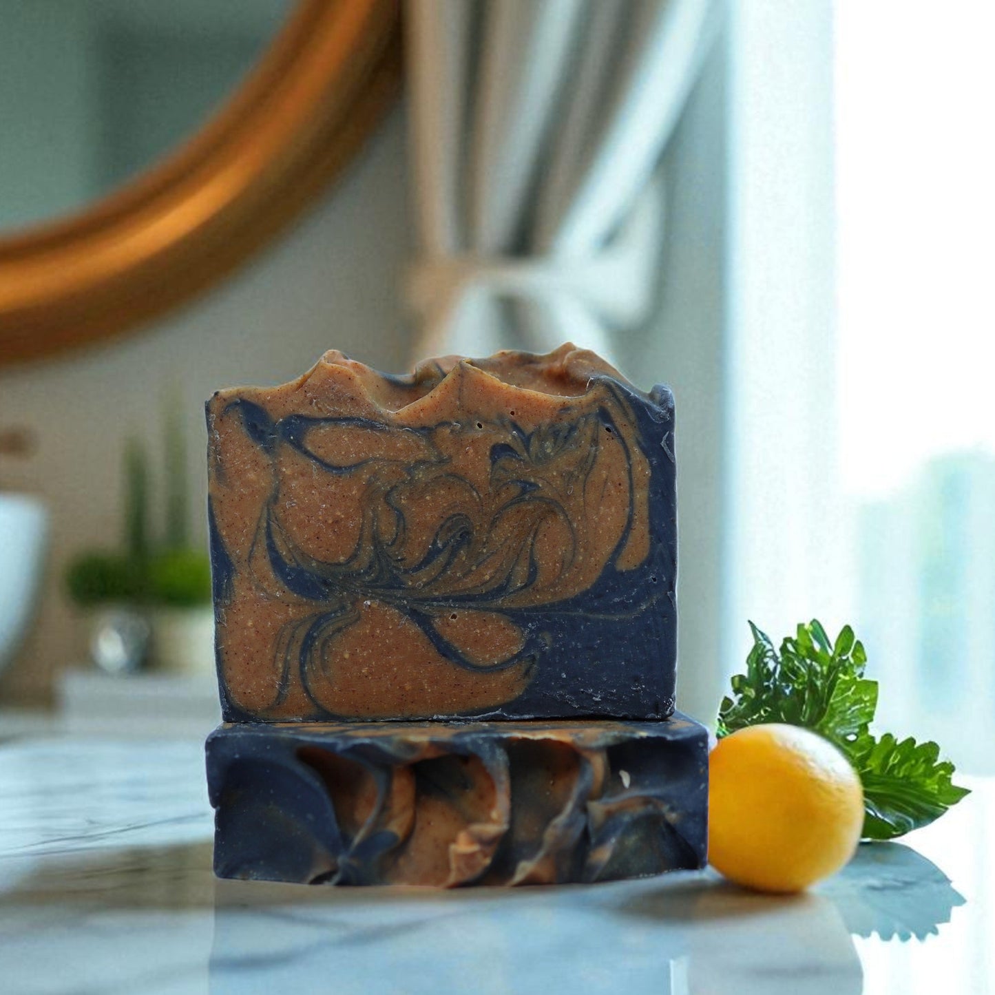Two soap bars on a marble surface with a lemon and mint leaves, blurred bathroom background