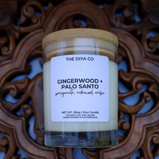 10 oz Gingerwood Palo Santo Rock Glass Candle with Bamboo Lid