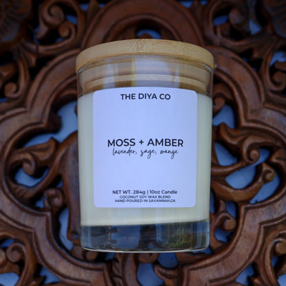 10 oz Moss & Amber Rock Glass Candle with Bamboo Lid