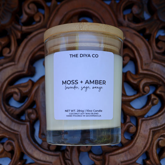 10 oz Moss & Amber Rock Glass Candle with Bamboo Lid