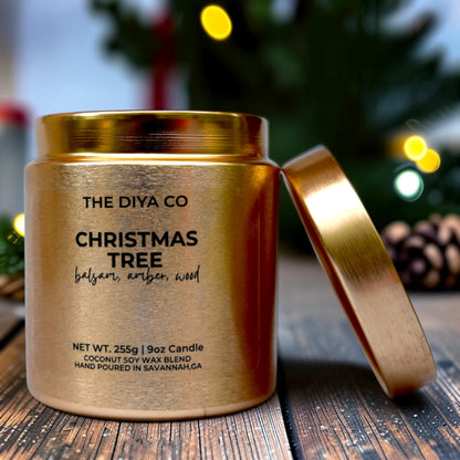 9oz Christmas Tree Wood Wick Candle | Coconut Soy | Glam Tin