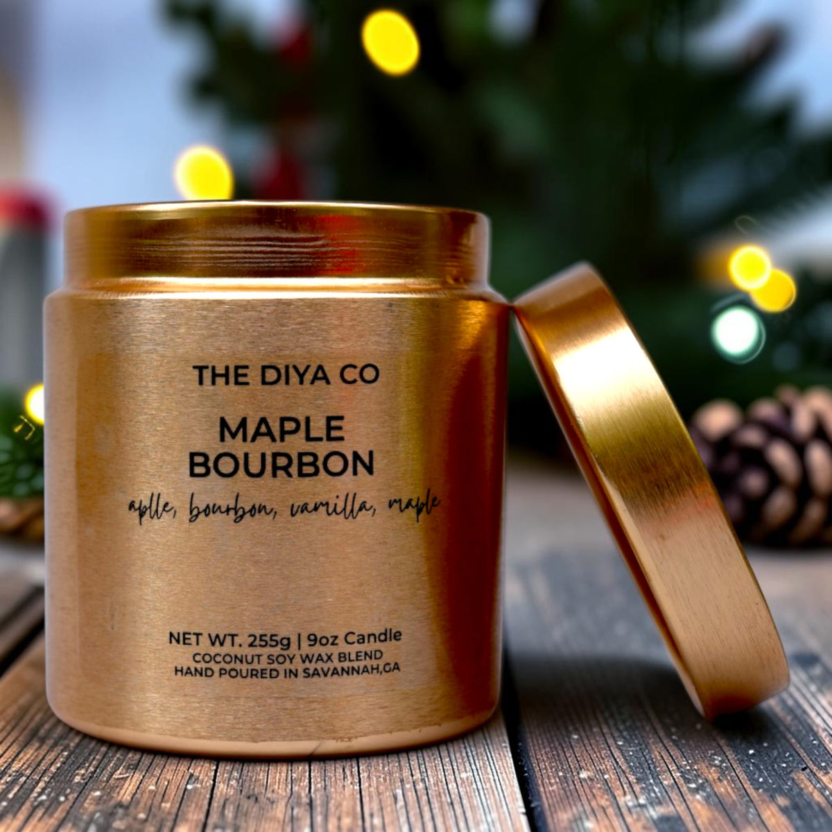 9oz Maple Bourbon Wood Wick Candle | Coconut Soy | Glam Tin