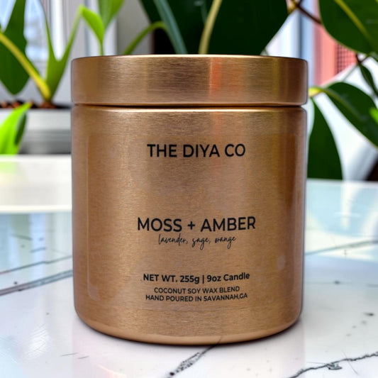 9oz Moss + Amber Wood Wick Candle | Coconut Soy | Glam Tin