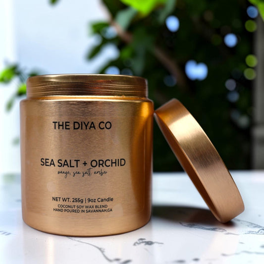 9oz Sea Salt and Orchid Wood Wick Candle | Coconut Soy | Glam Tin