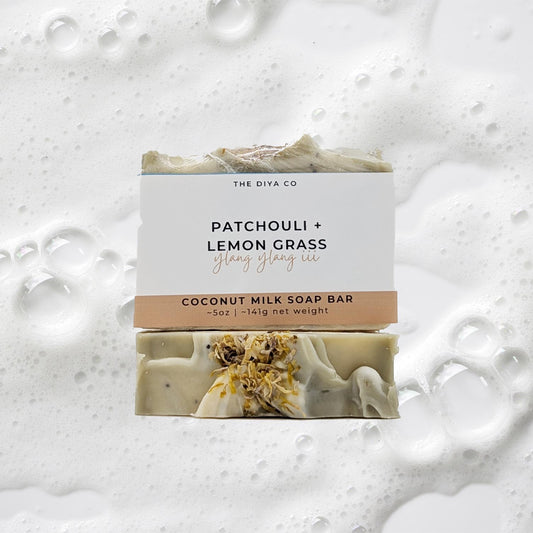 Patchouli, Lemongrass, Ylang Ylang III Palm-Oil Free Soap Bar w/ Sisal Bag & Bamboo Tray
